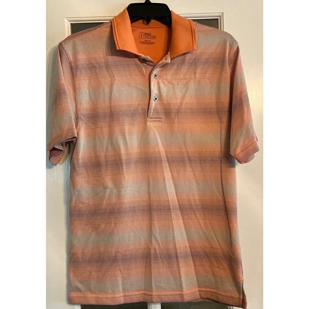 PGA Tour Golf Shirt Polo Men's Size S Orange Striped Performance Logo on Sleeve